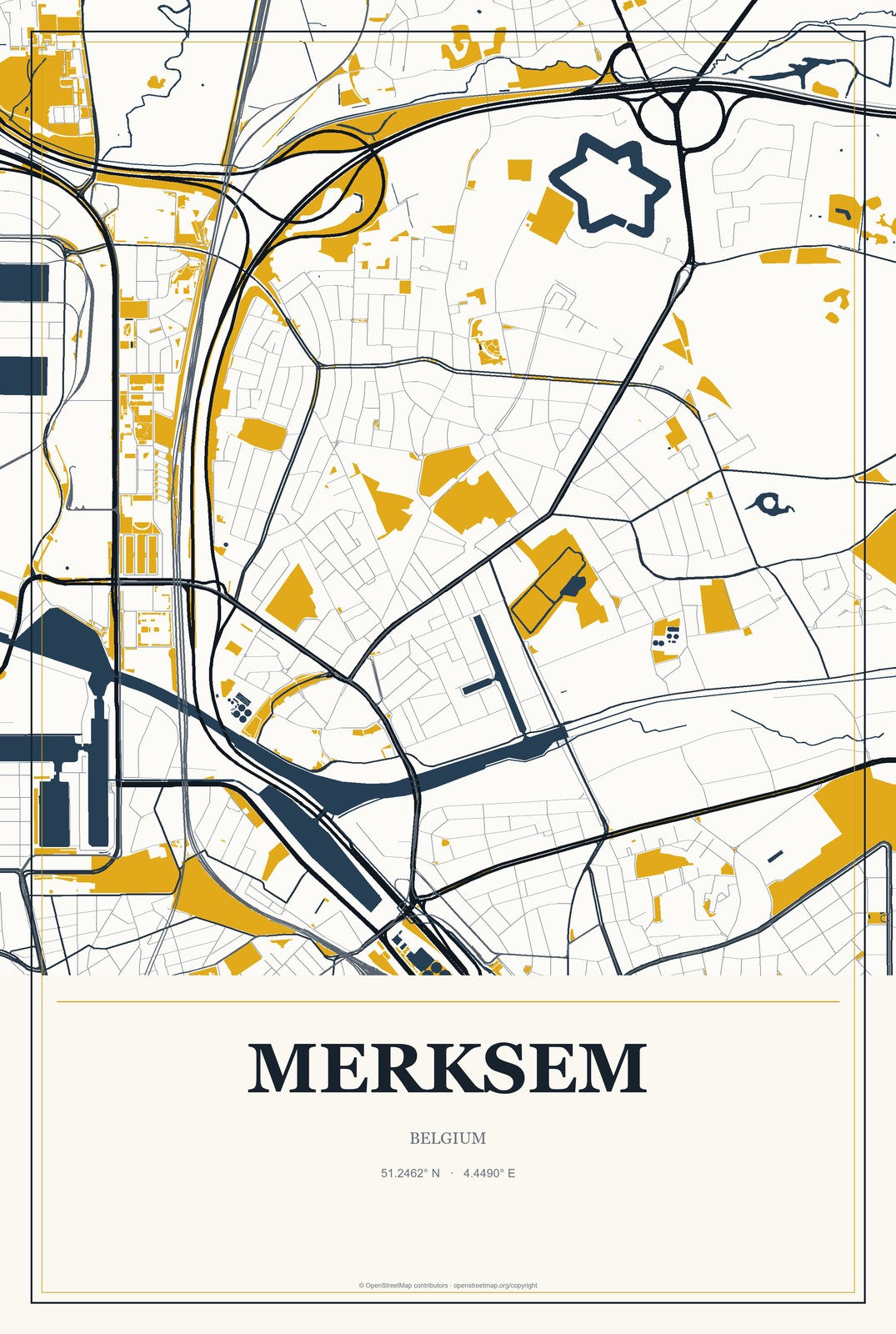 Merksem, Belgium City Map Aluminum Sign in Citrine Modern style