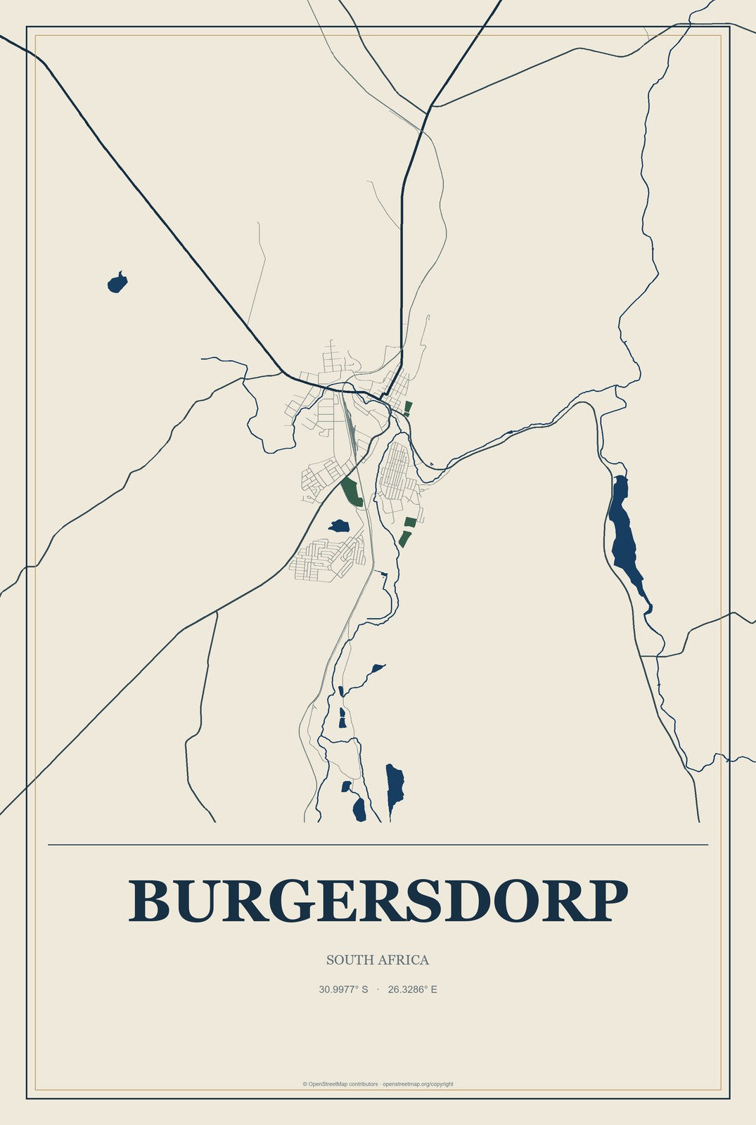 Burgersdorp, South Africa City Map Aluminum Sign in Coastal Cutout style