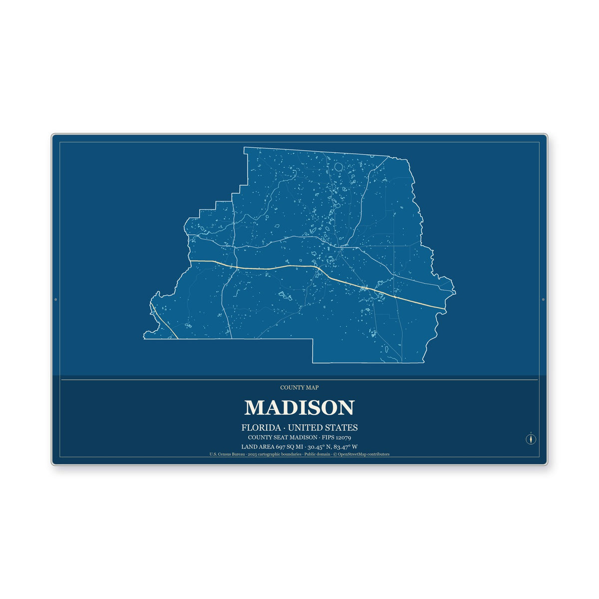 Madison County, Florida Map Aluminum Sign in Harbor Cobalt style