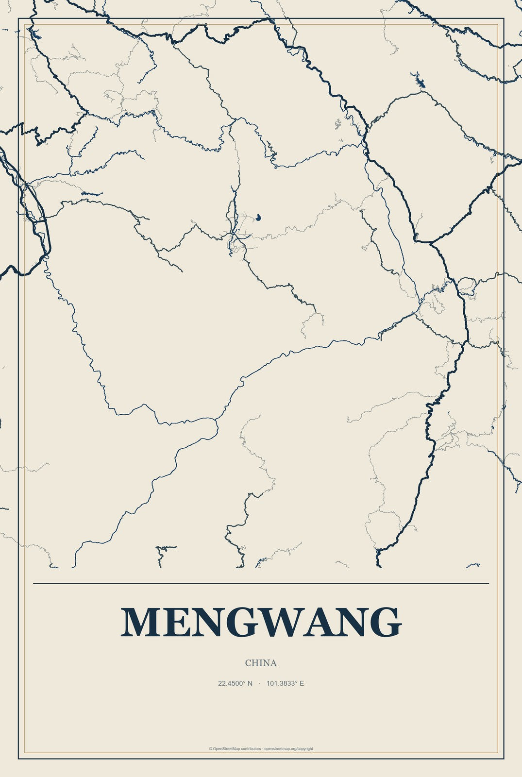 Mengwang, China City Map Aluminum Sign in Coastal Cutout style