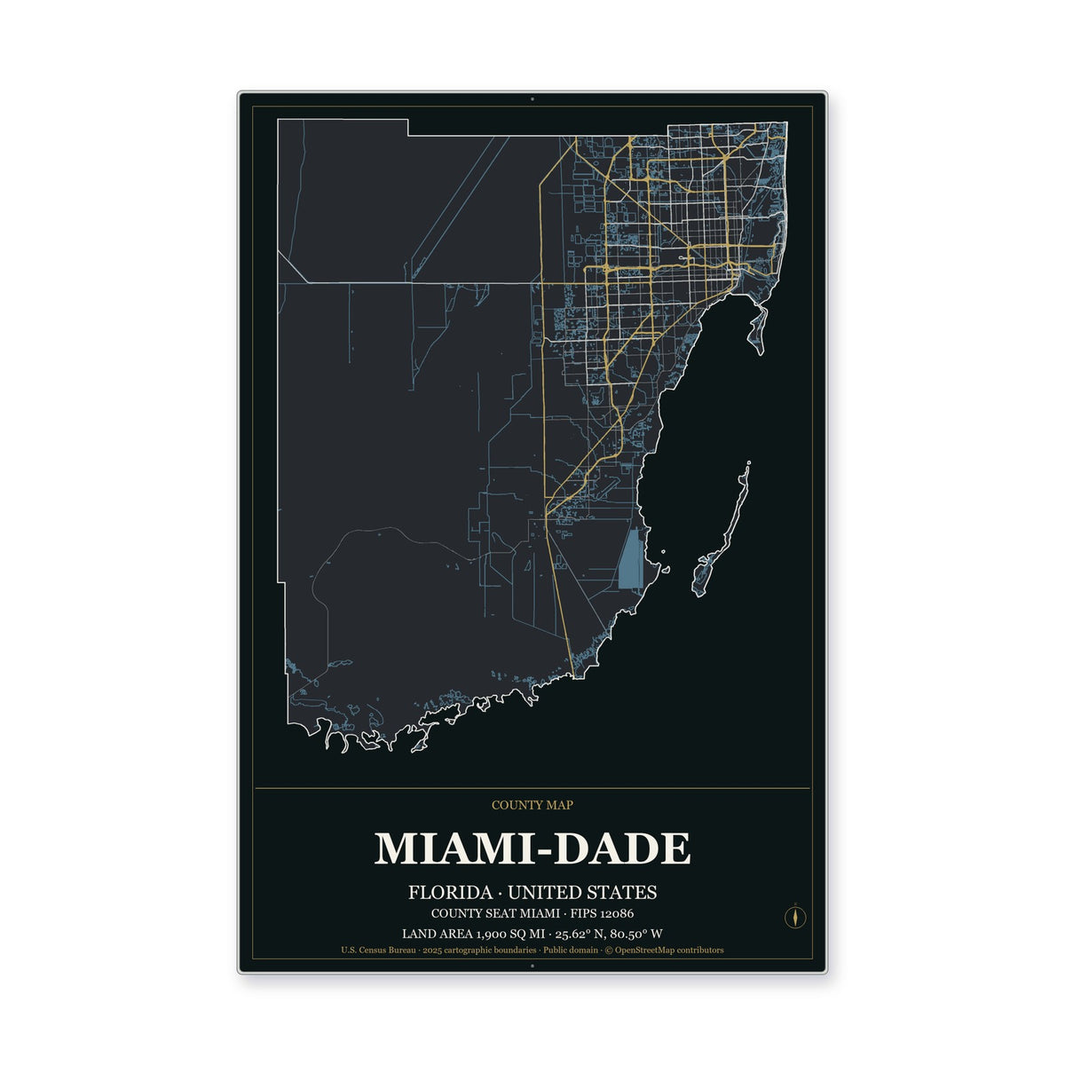 Miami-Dade County, Florida Map Aluminum Sign in Metropolitan Noir style