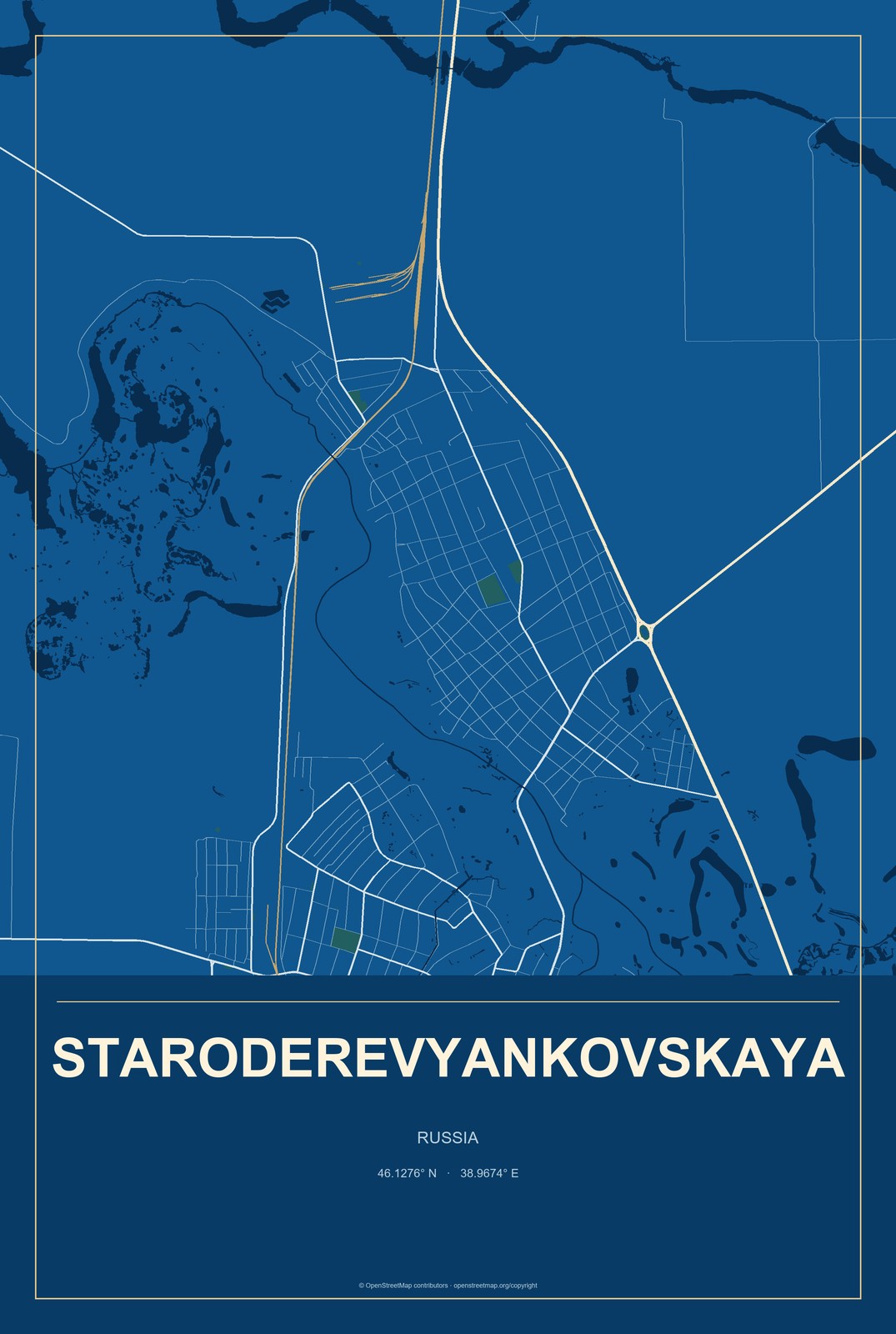Staroderevyankovskaya, Russia City Map Aluminum Sign in Harbor Cobalt style