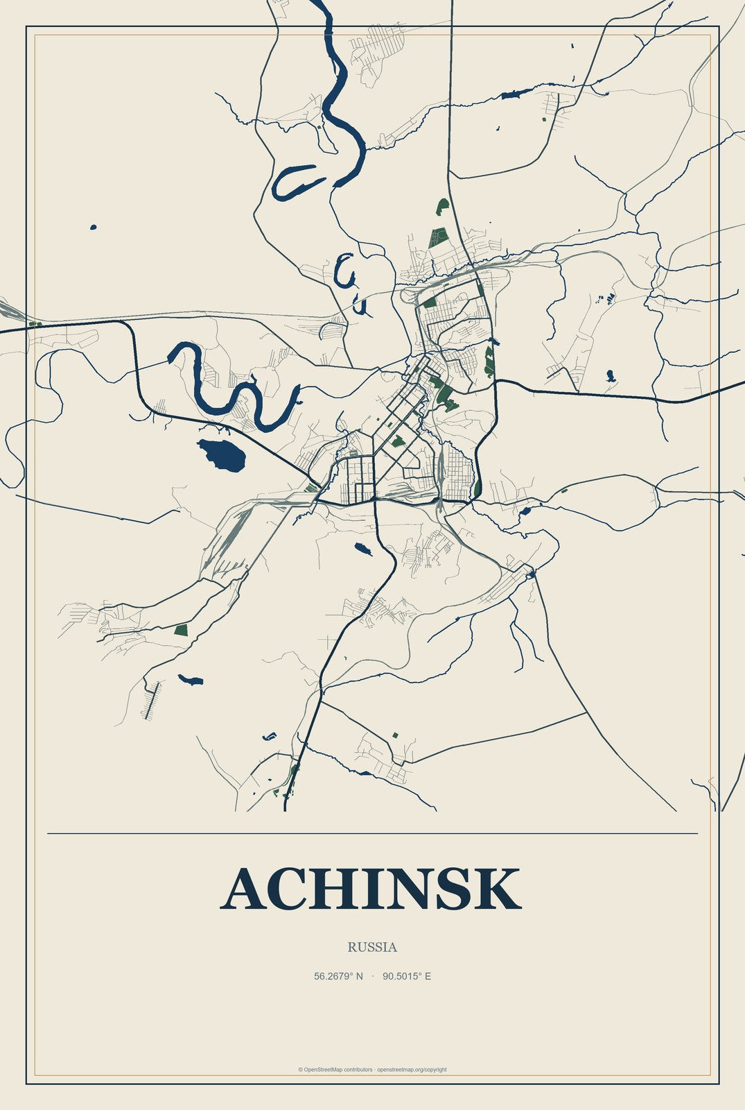 Achinsk, Russia City Map Aluminum Sign in Coastal Cutout style