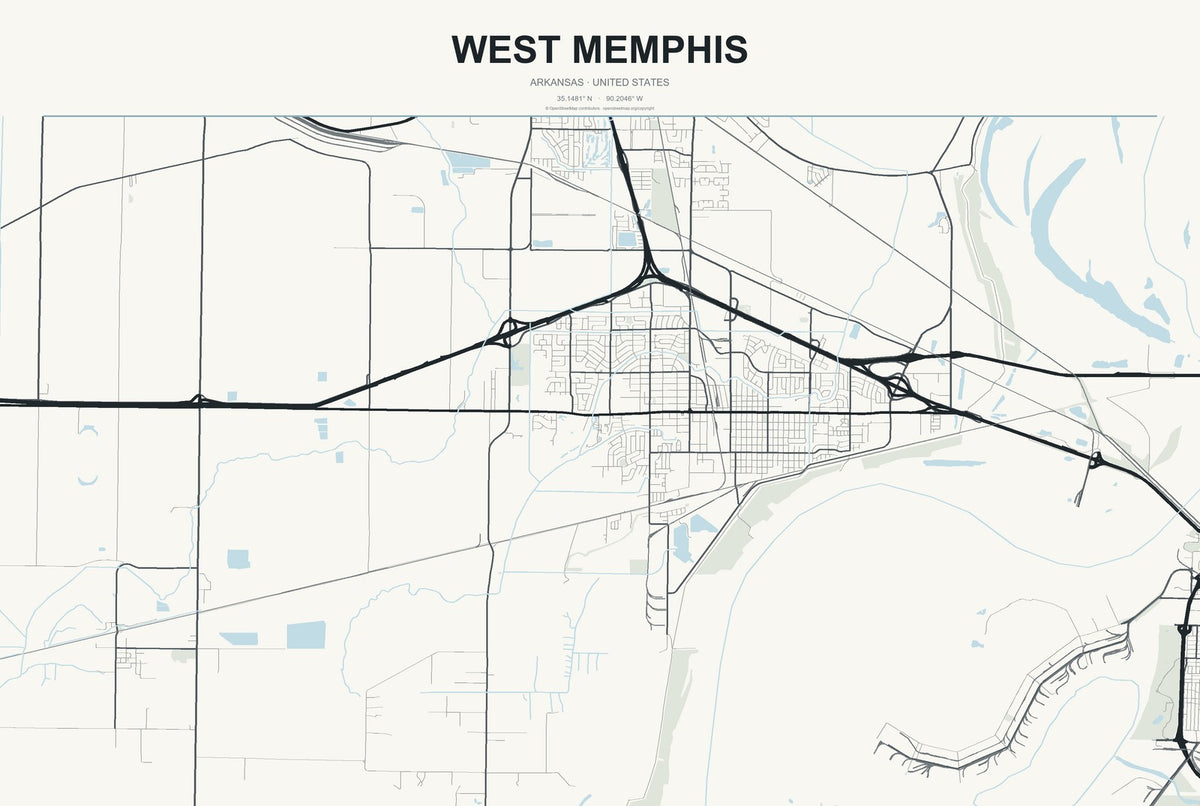 West Memphis, Arkansas City Map Aluminum Sign in Headline Atlas style
