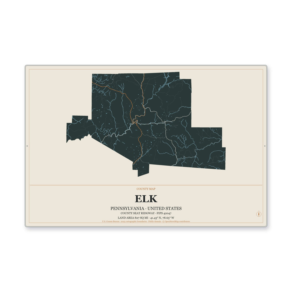 Elk County, Pennsylvania Map Aluminum Sign in Headline Atlas style