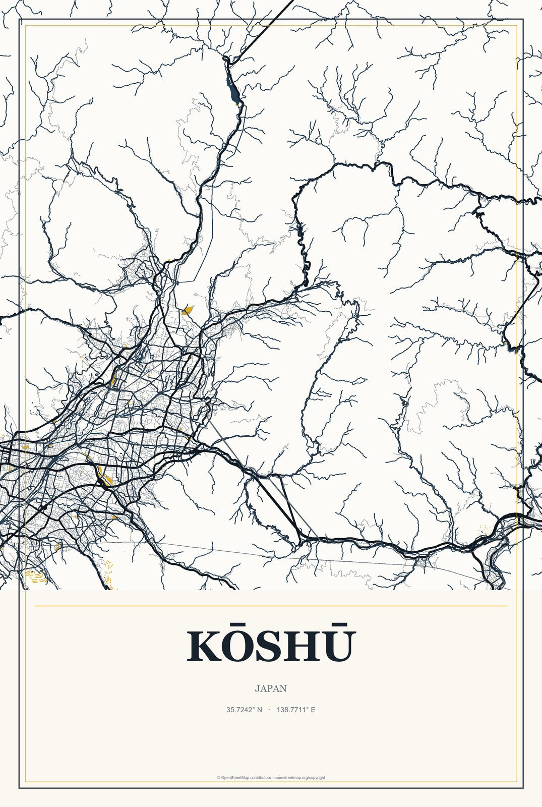 Kōshū, Japan City Map Aluminum Sign in Citrine Modern style
