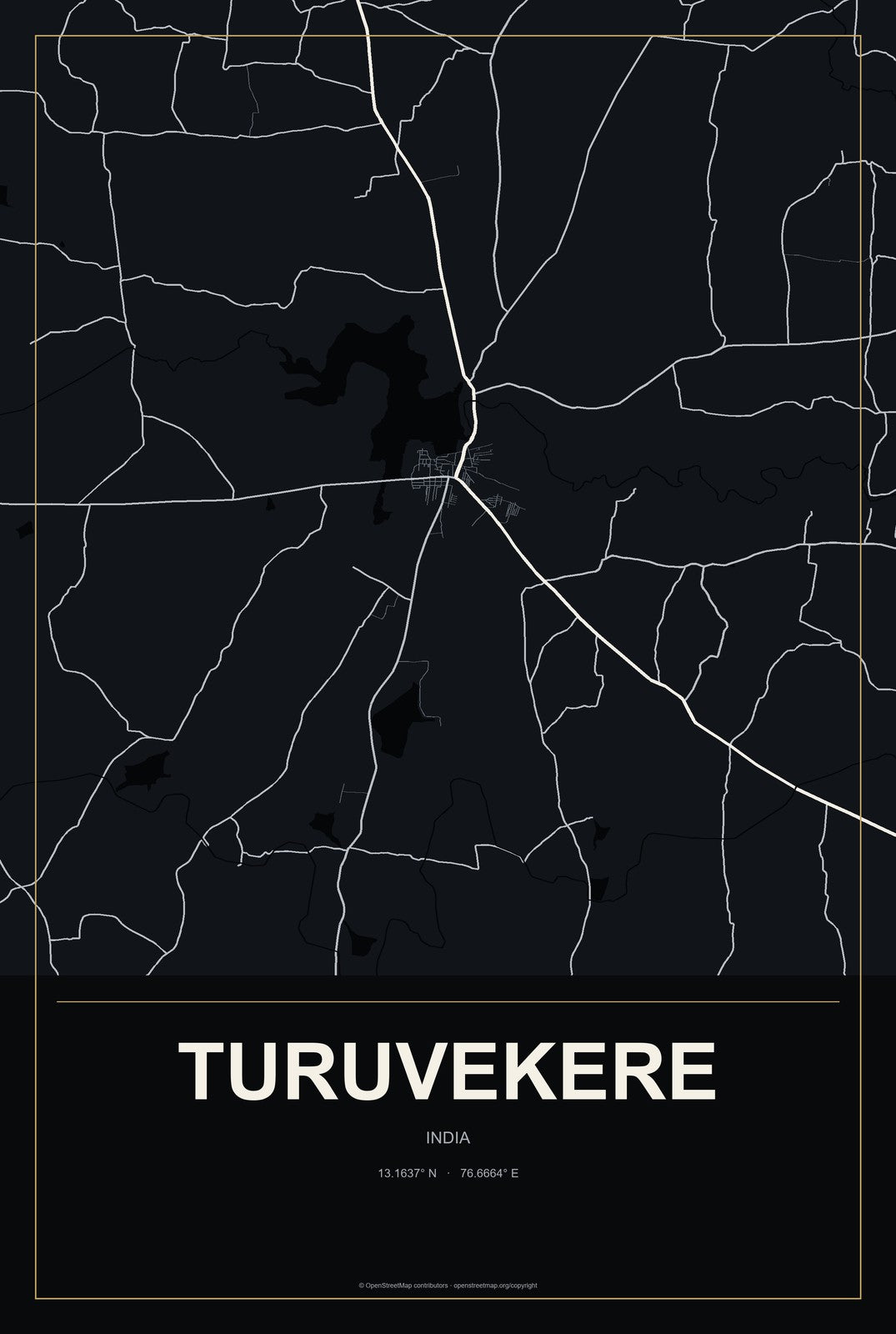 Turuvekere, India City Map Aluminum Sign in Metropolitan Noir style
