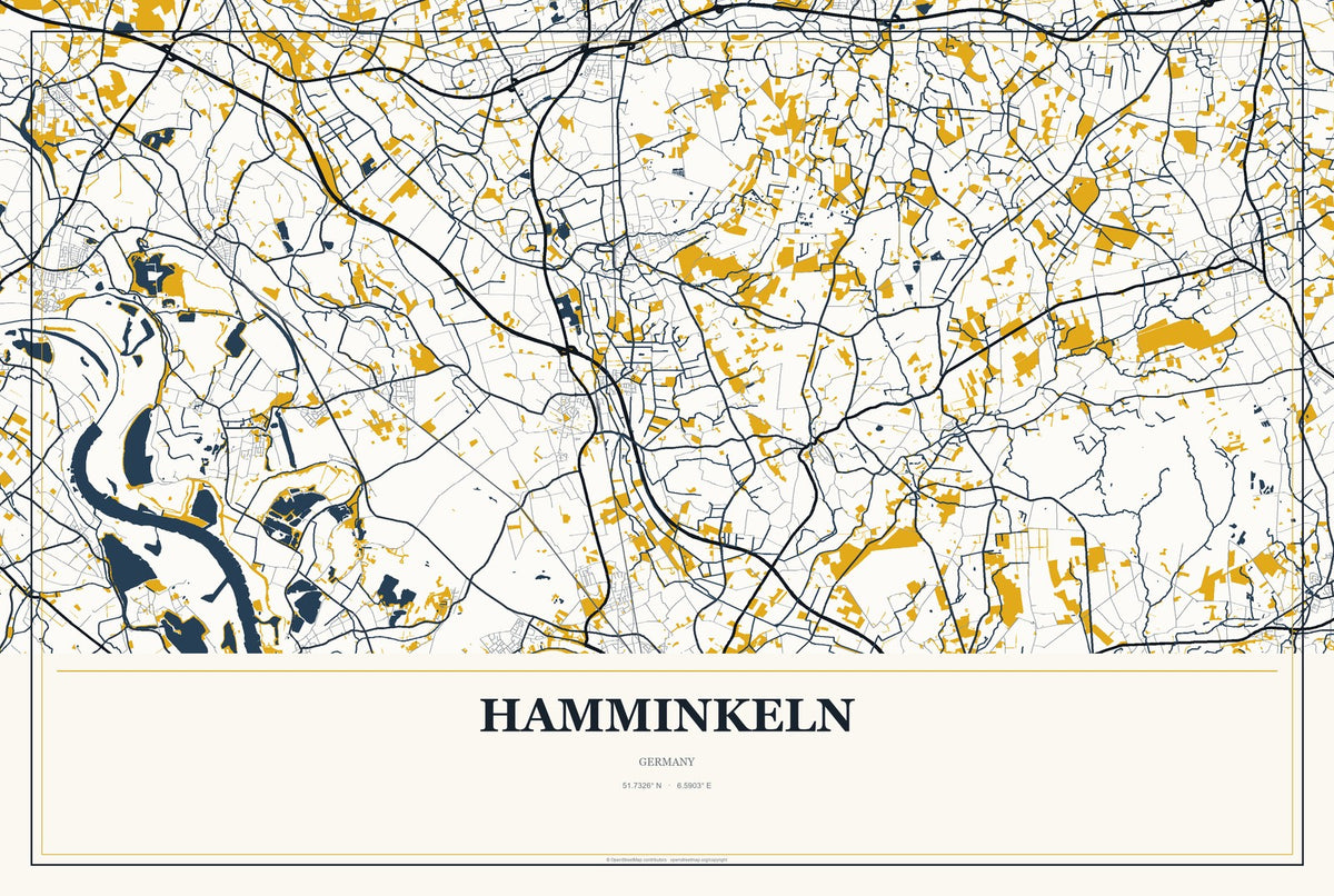 Hamminkeln, Germany City Map Aluminum Sign in Citrine Modern style