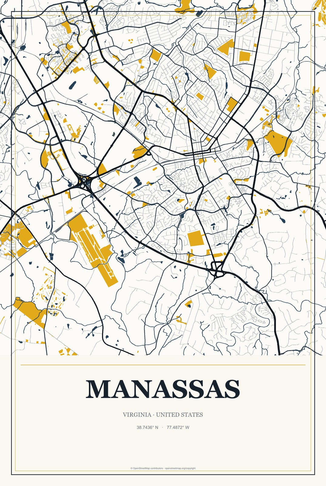 Manassas, Virginia City Map Aluminum Sign in Citrine Modern style