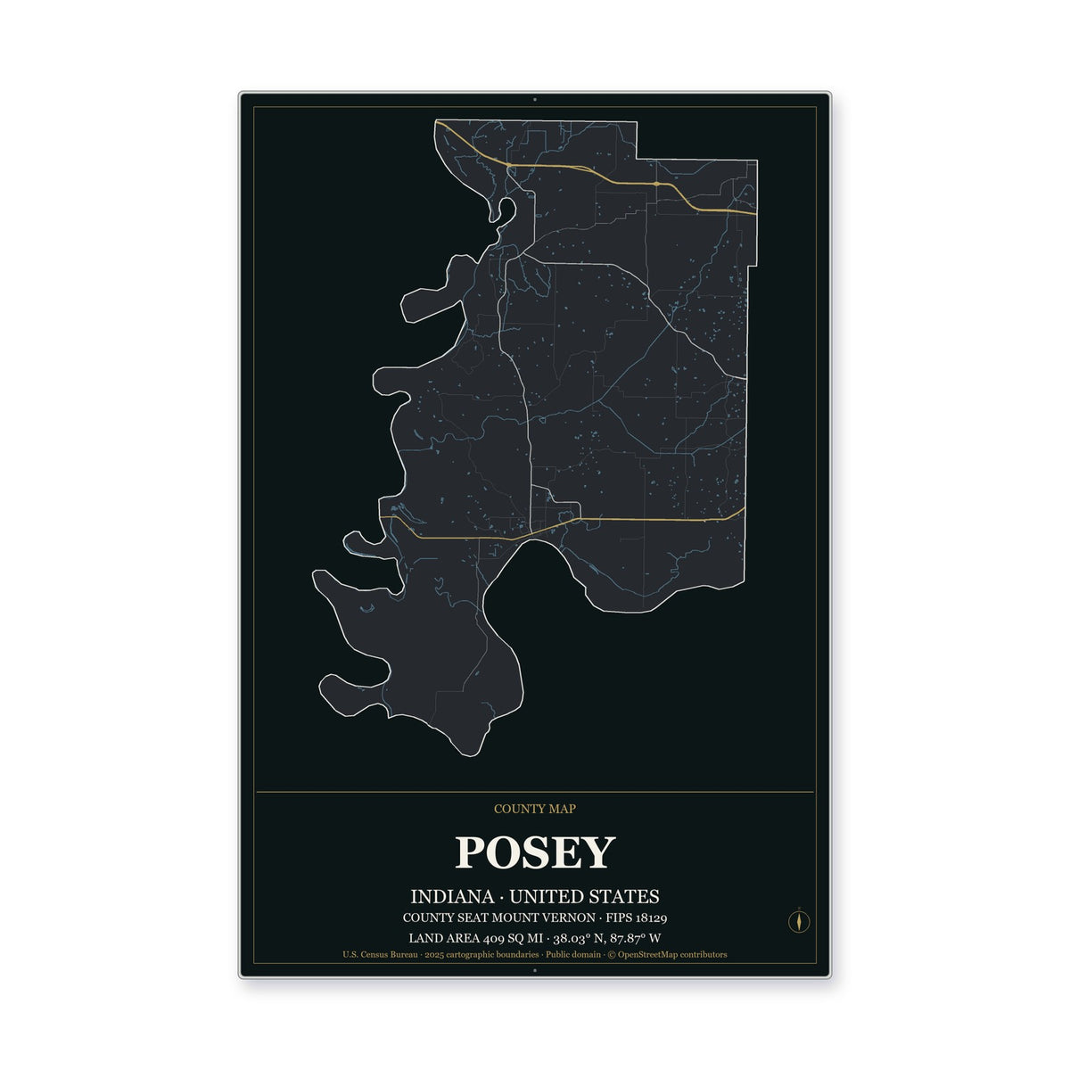 Posey County, Indiana Map Aluminum Sign in Metropolitan Noir style