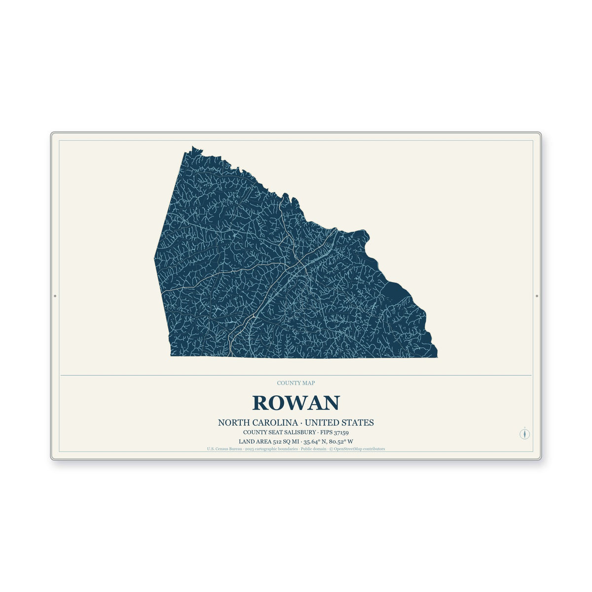Rowan County, North Carolina Map Aluminum Sign in Coastal Cutout style