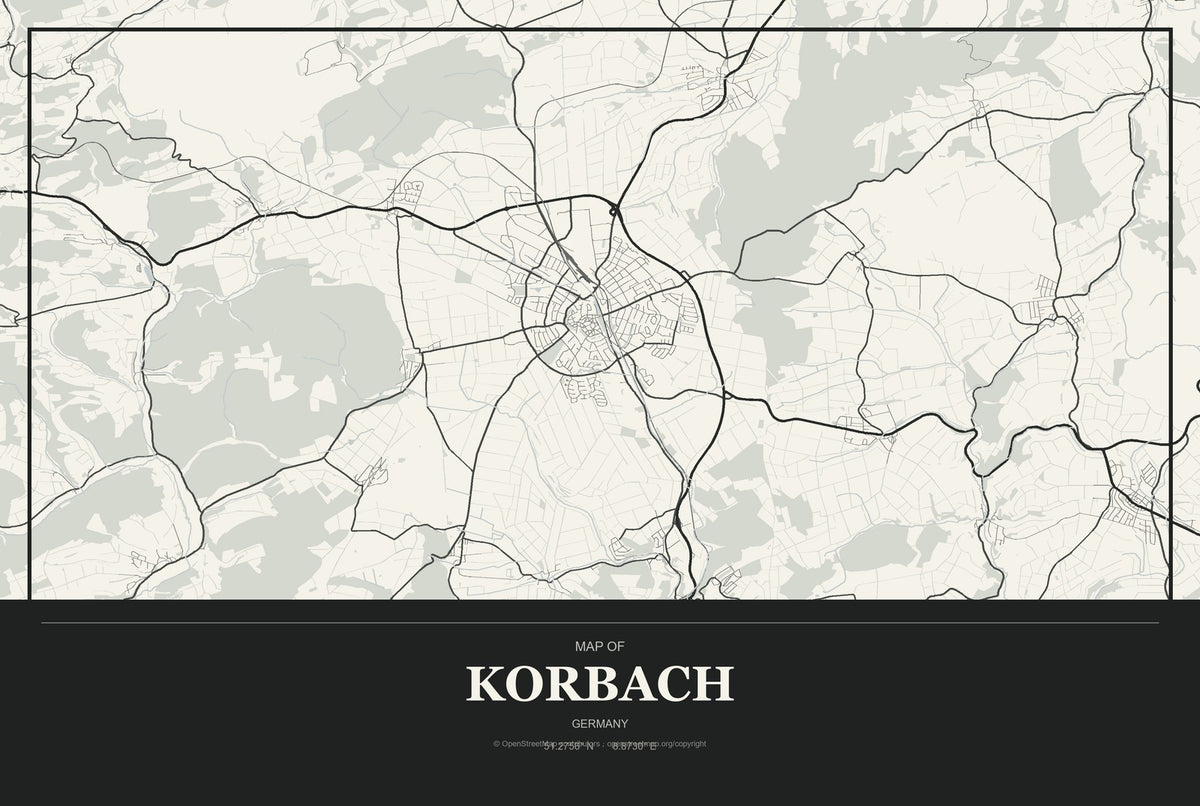 Korbach, Germany City Map Aluminum Sign in Museum Plaque style