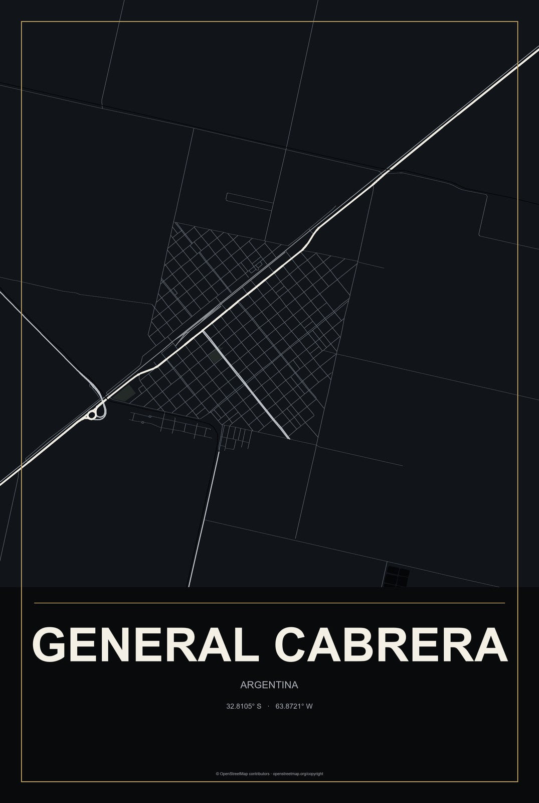 General Cabrera, Argentina City Map Aluminum Sign in Metropolitan Noir style
