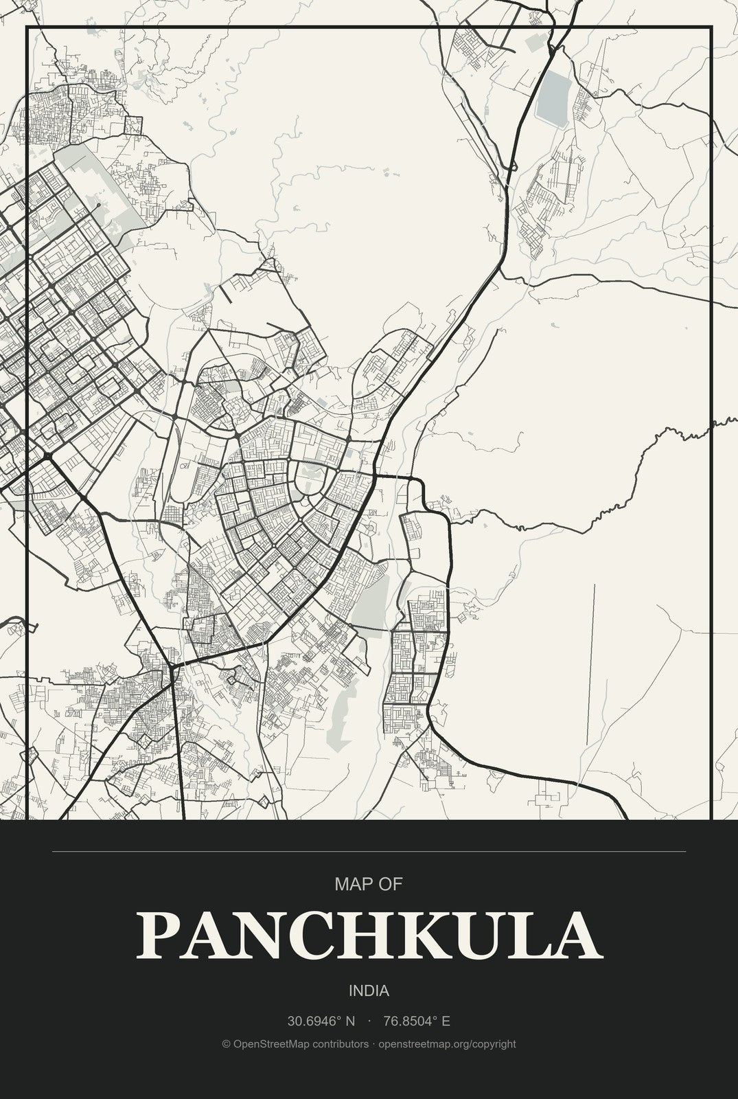 Panchkula, India City Map Aluminum Sign in Museum Plaque style