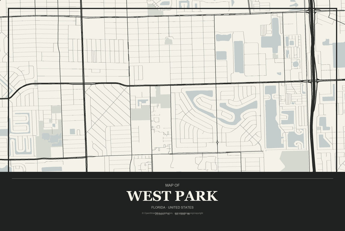 West Park, Florida City Map Aluminum Sign in Museum Plaque style