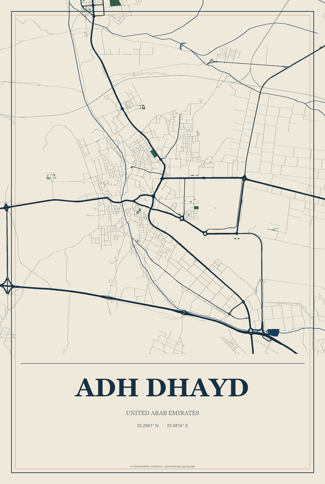 Adh Dhayd, United Arab Emirates City Map Aluminum Sign in Coastal Cutout style