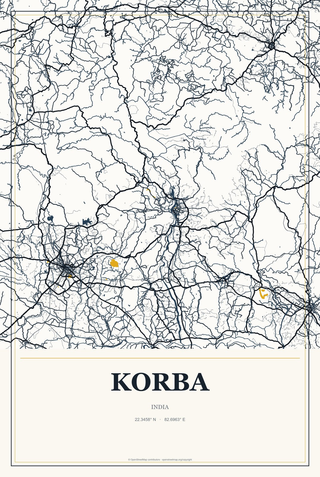 Korba, India City Map Aluminum Sign in Citrine Modern style
