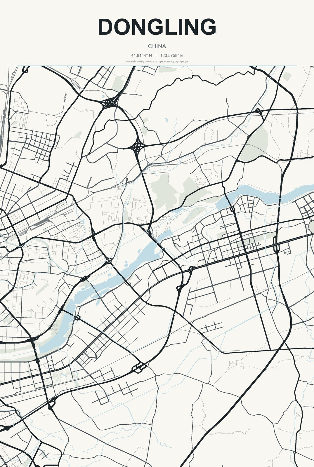 Dongling, China City Map Aluminum Sign in Headline Atlas style
