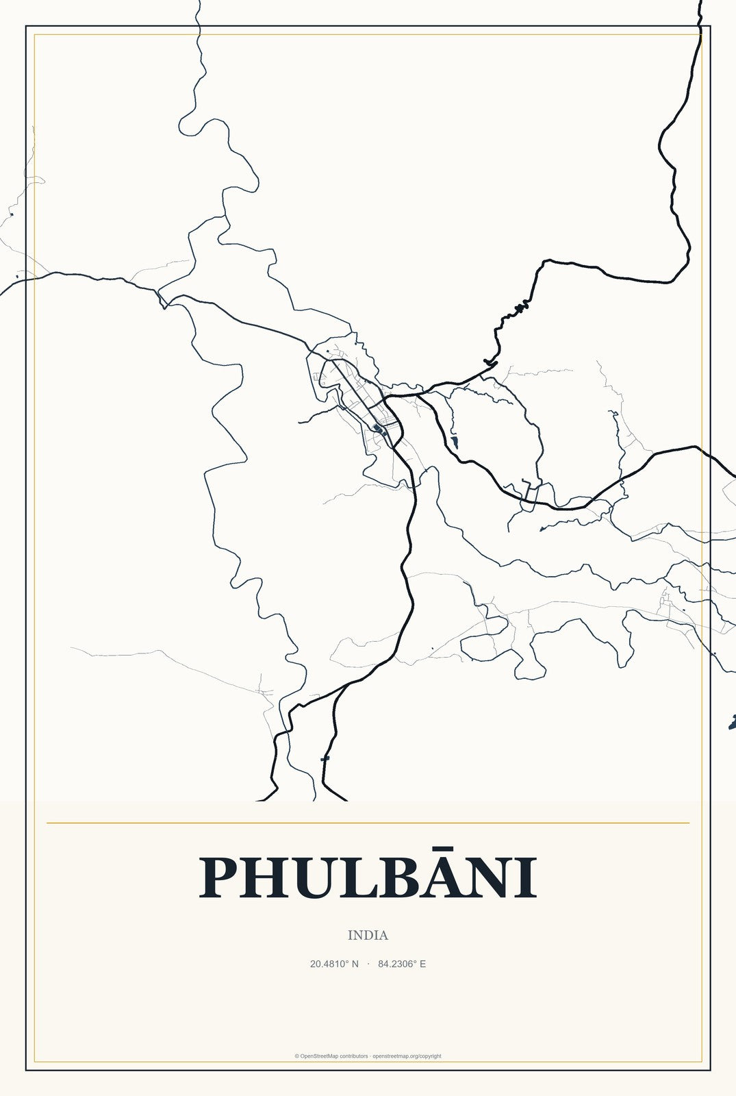 Phulbāni, India City Map Aluminum Sign in Citrine Modern style