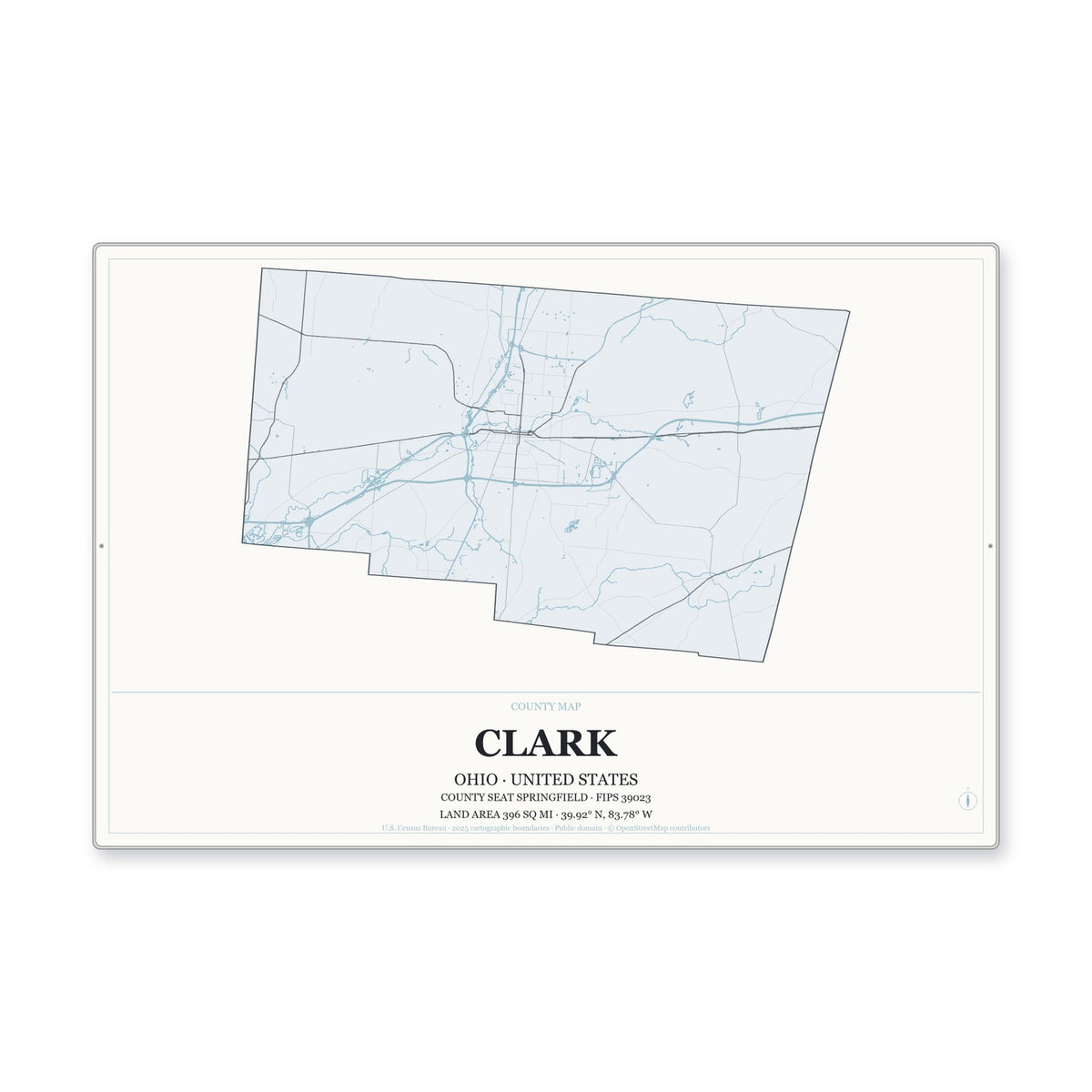 Clark County, Ohio Map Aluminum Sign in Gallery Air style
