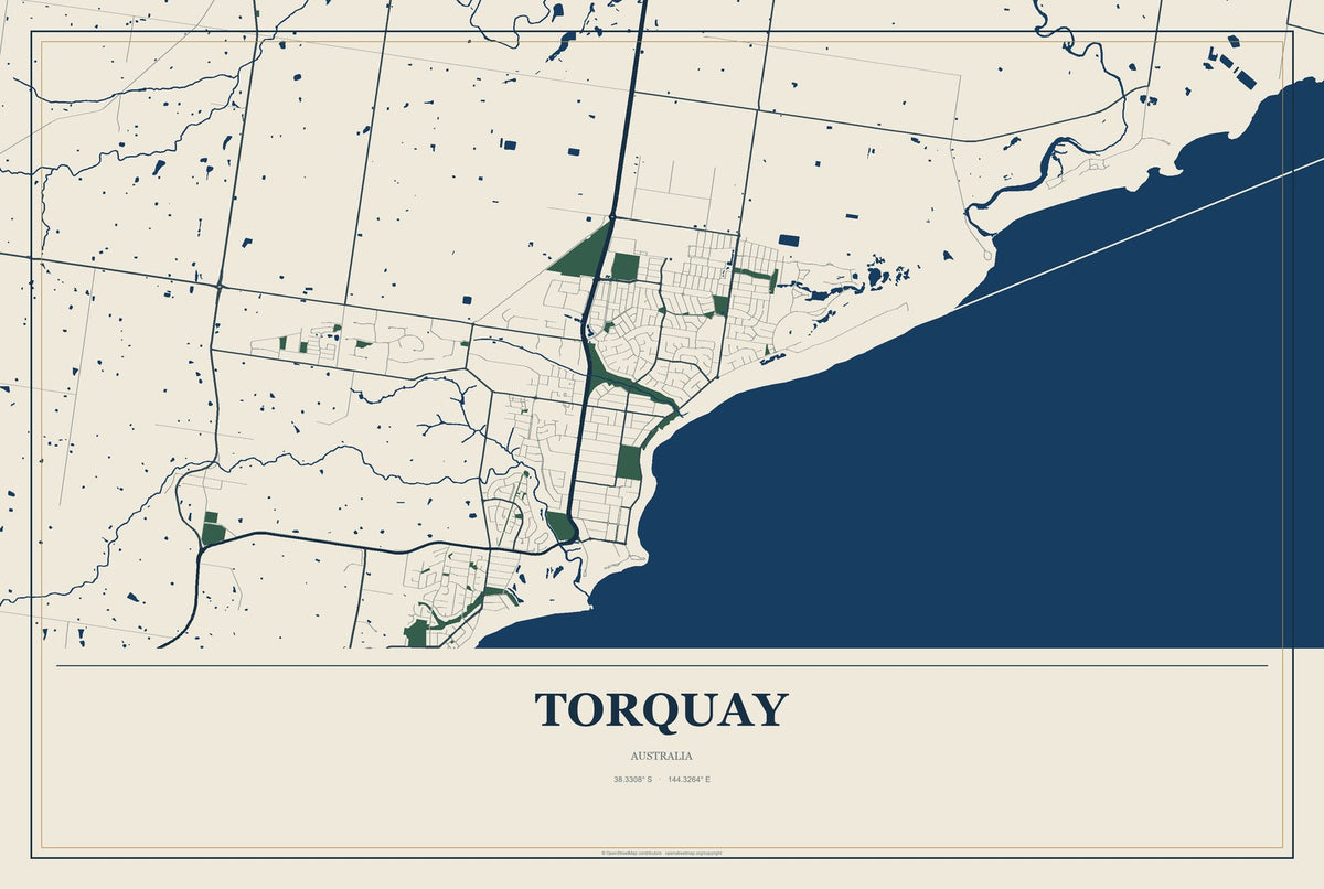 Torquay, Australia City Map Aluminum Sign in Coastal Cutout style