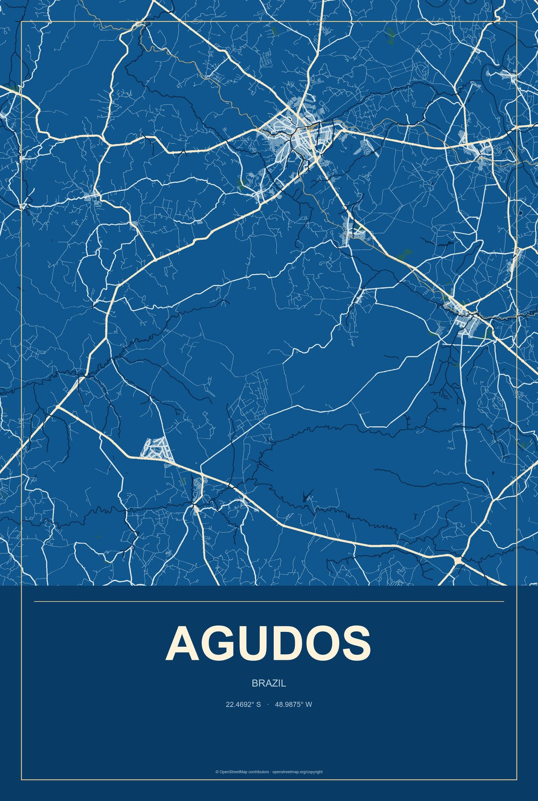 Agudos, Brazil City Map Aluminum Sign in Harbor Cobalt style
