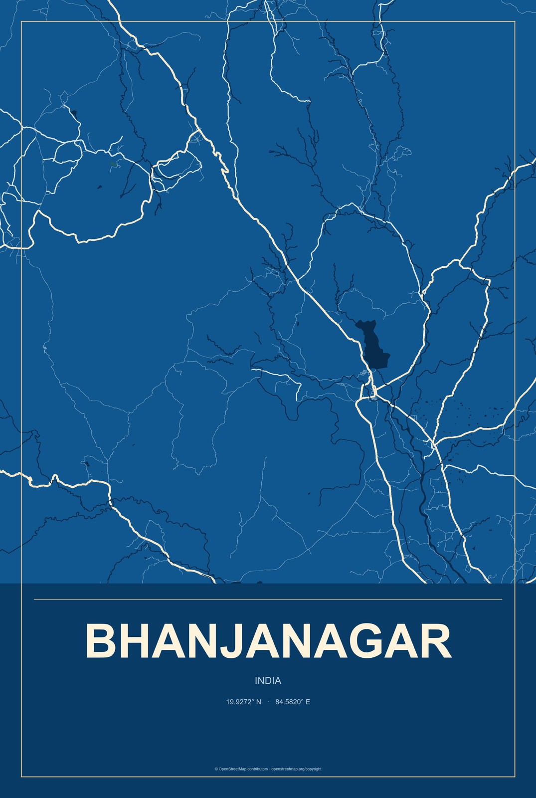Bhanjanagar, India City Map Aluminum Sign in Harbor Cobalt style