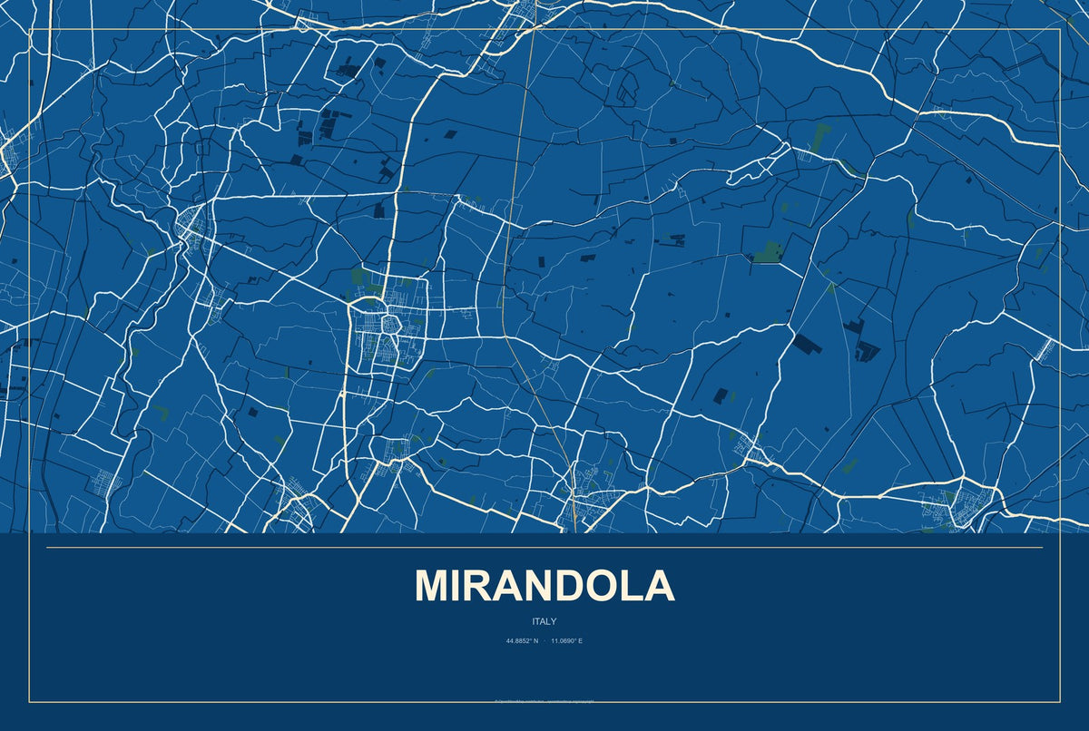 Mirandola, Italy City Map Aluminum Sign in Harbor Cobalt style