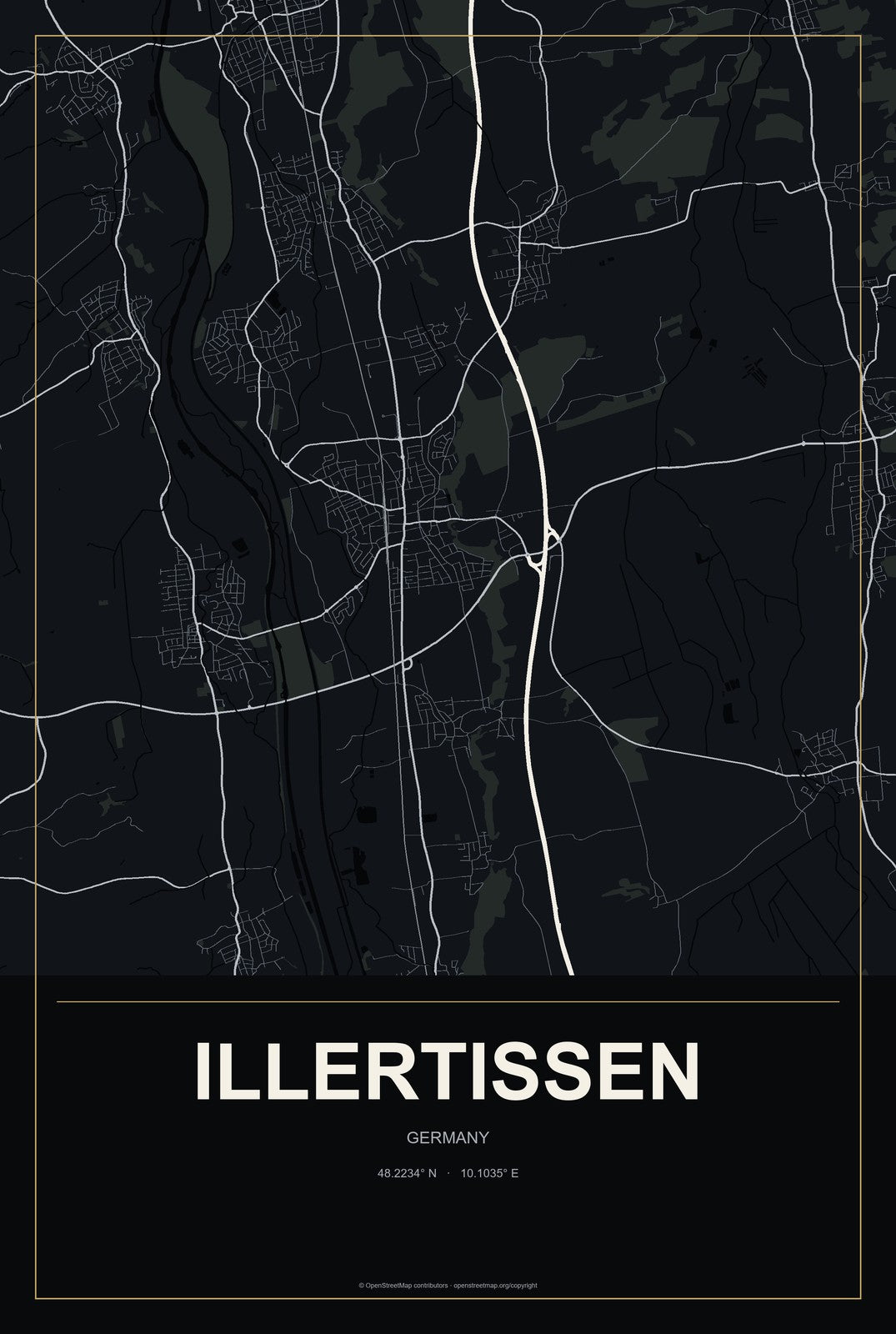 Illertissen, Germany City Map Aluminum Sign in Metropolitan Noir style