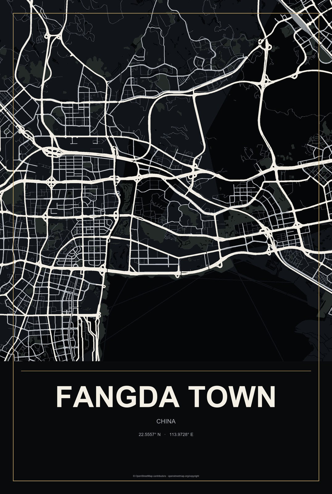 Fangda Town, China City Map Aluminum Sign in Metropolitan Noir style