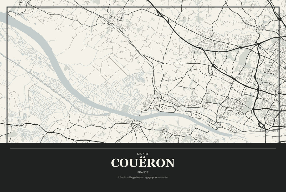 Couëron, France City Map Aluminum Sign in Museum Plaque style
