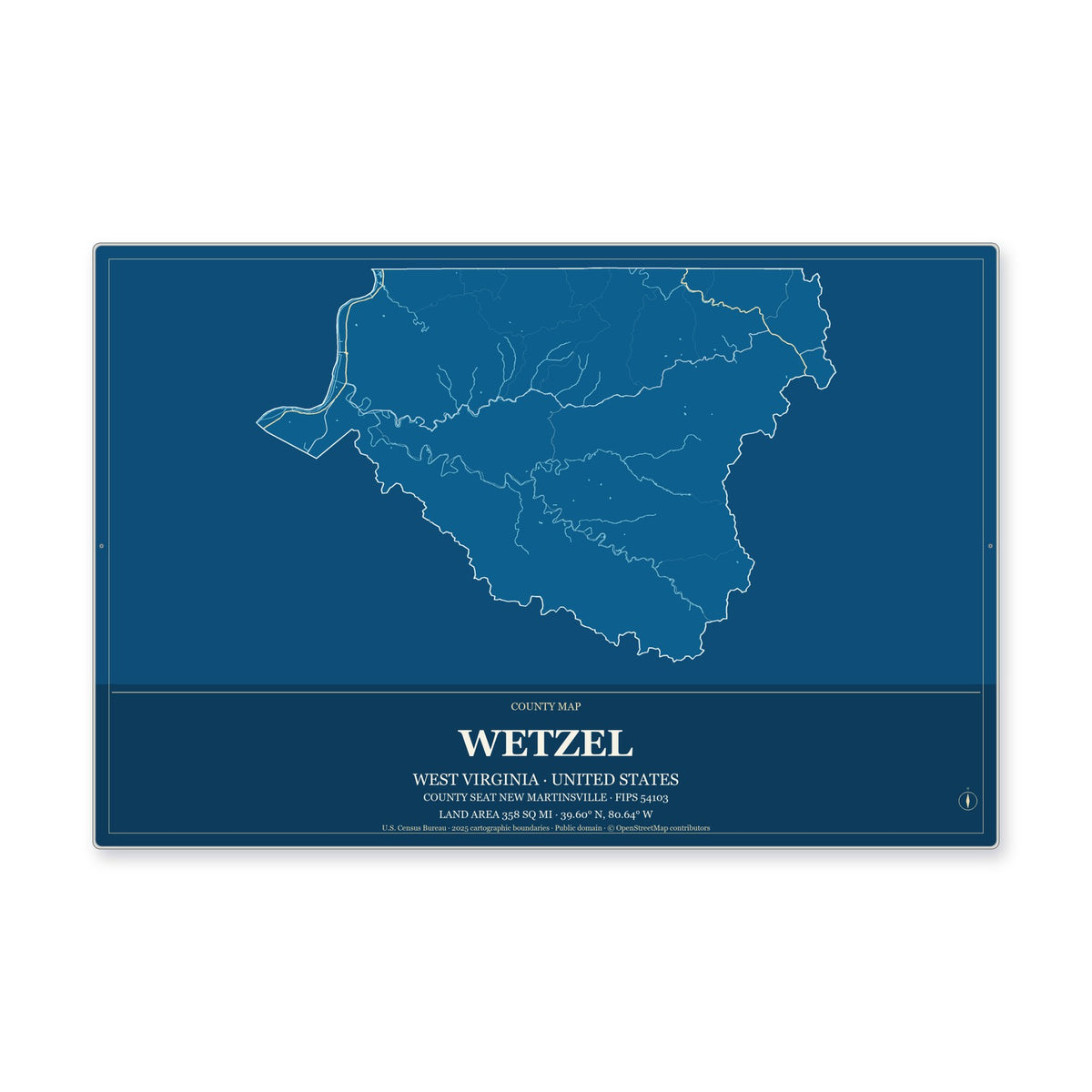 Wetzel County, West Virginia Map Aluminum Sign in Harbor Cobalt style