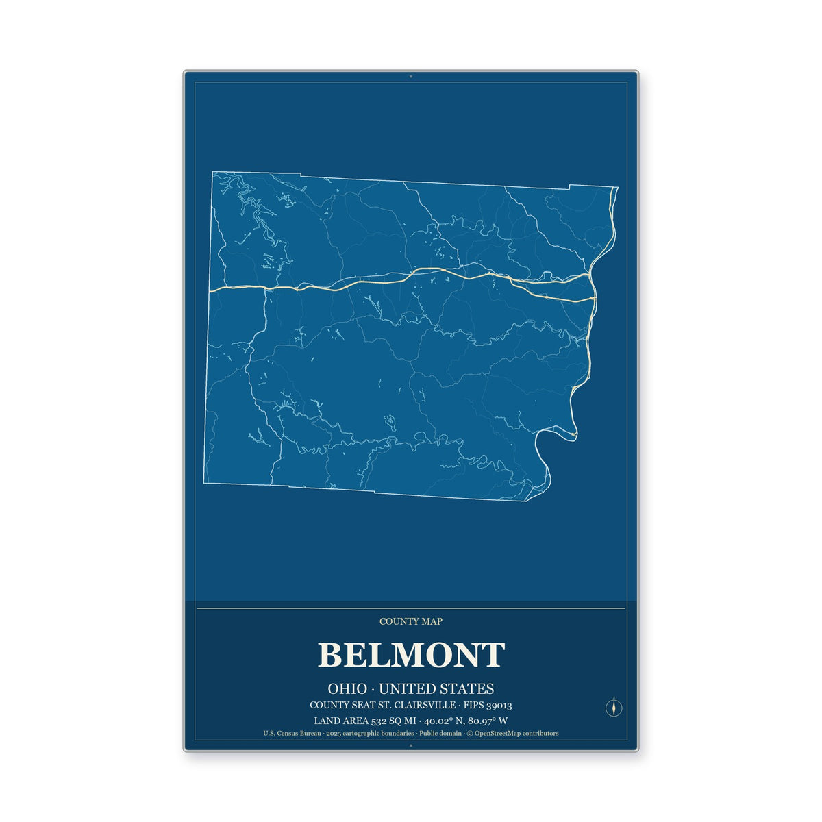Belmont County, Ohio Map Aluminum Sign in Harbor Cobalt style