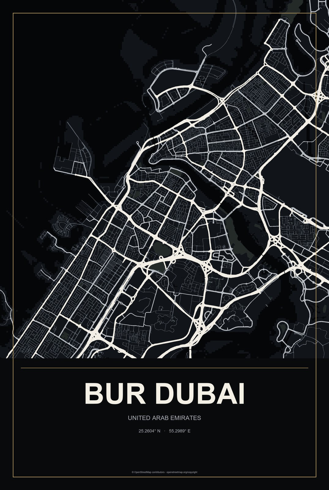 Bur Dubai, United Arab Emirates City Map Aluminum Sign in Metropolitan Noir style