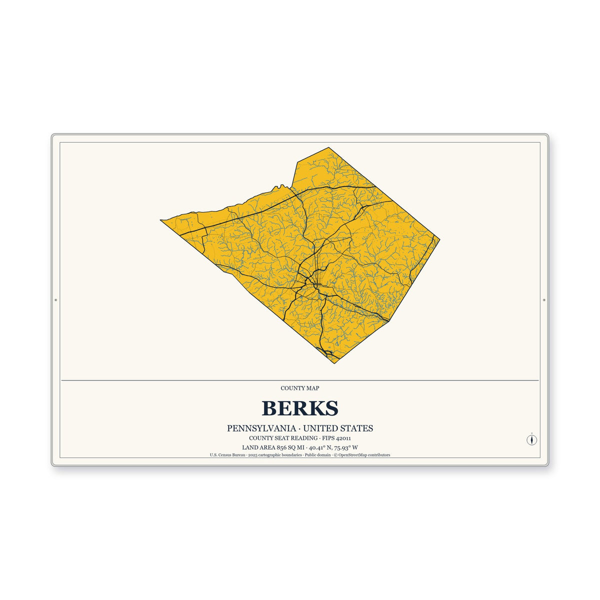 Berks County, Pennsylvania Map Aluminum Sign in Citrine Modern style