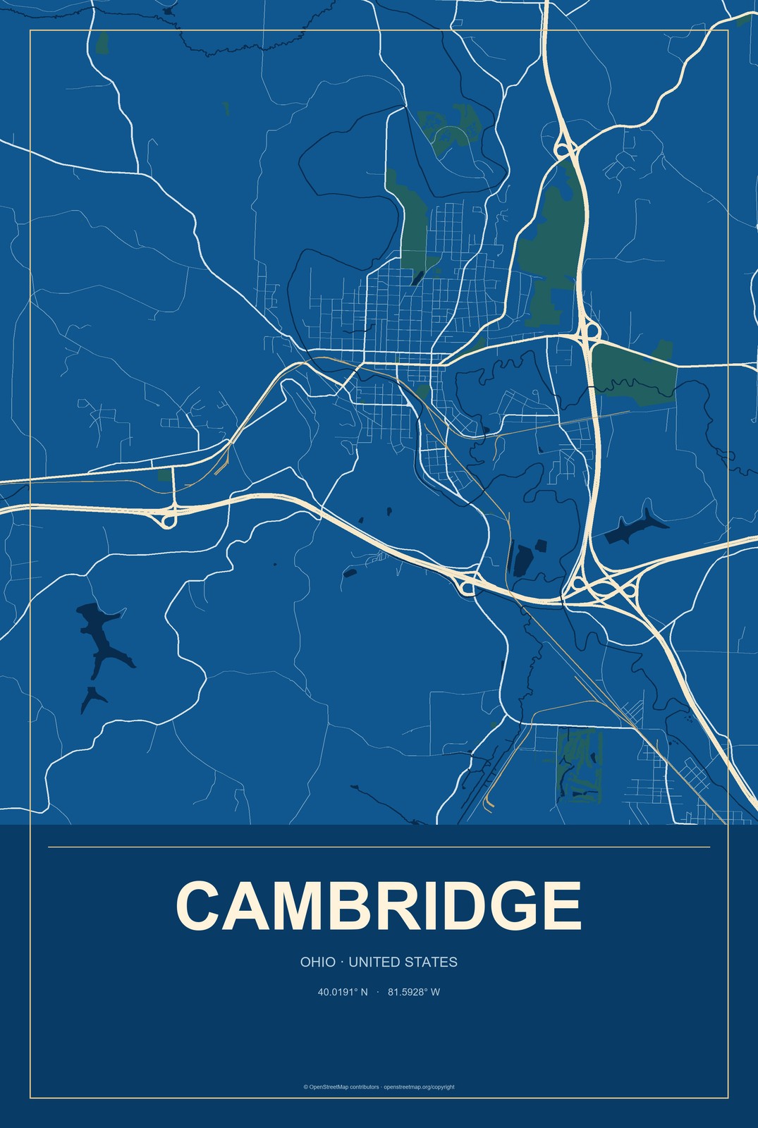 Cambridge, Ohio City Map Aluminum Sign in Harbor Cobalt style