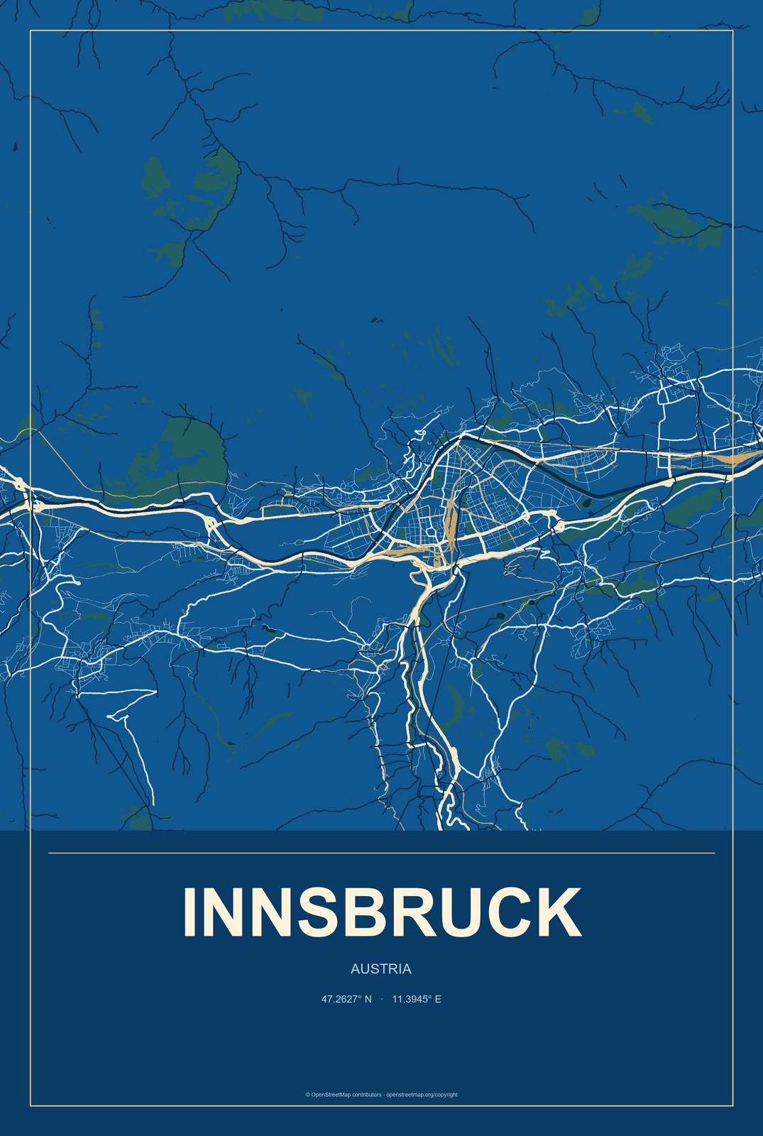 Innsbruck, Austria City Map Aluminum Sign in Harbor Cobalt style