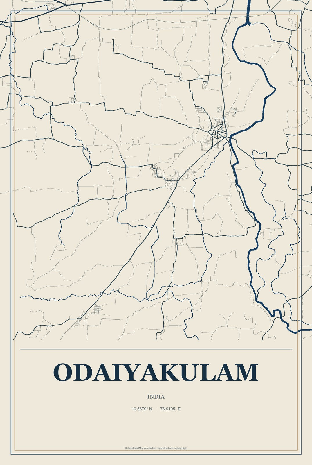 Odaiyakulam, India City Map Aluminum Sign in Coastal Cutout style