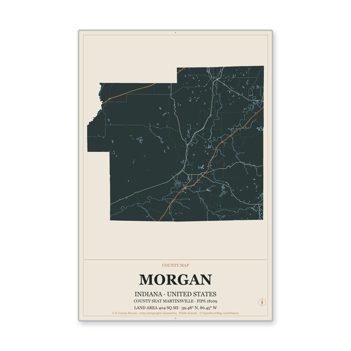 Morgan County, Indiana Map Aluminum Sign in Headline Atlas style