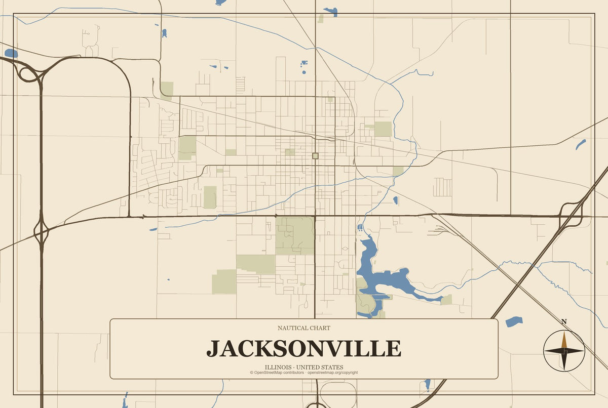 Jacksonville, Illinois City Map Aluminum Sign in Heritage Nautical style