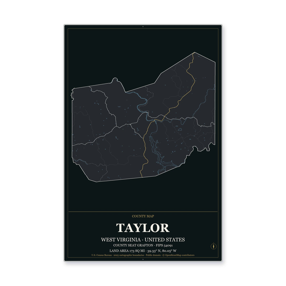 Taylor County, West Virginia Map Aluminum Sign in Metropolitan Noir style