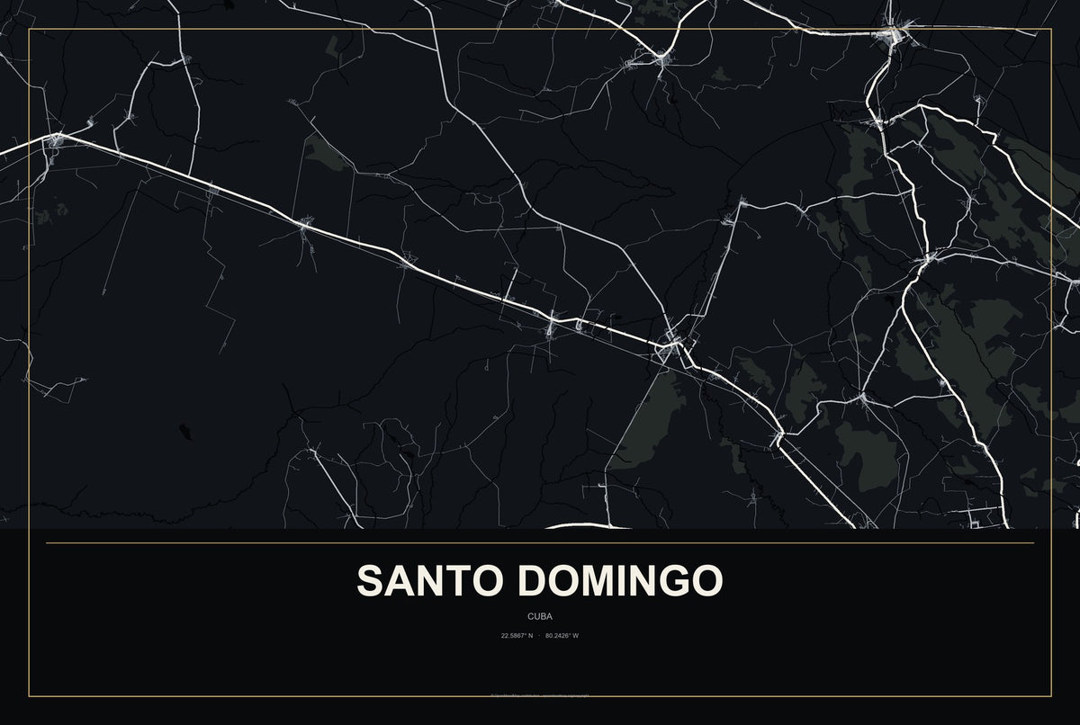 Santo Domingo, Cuba City Map Aluminum Sign in Metropolitan Noir style