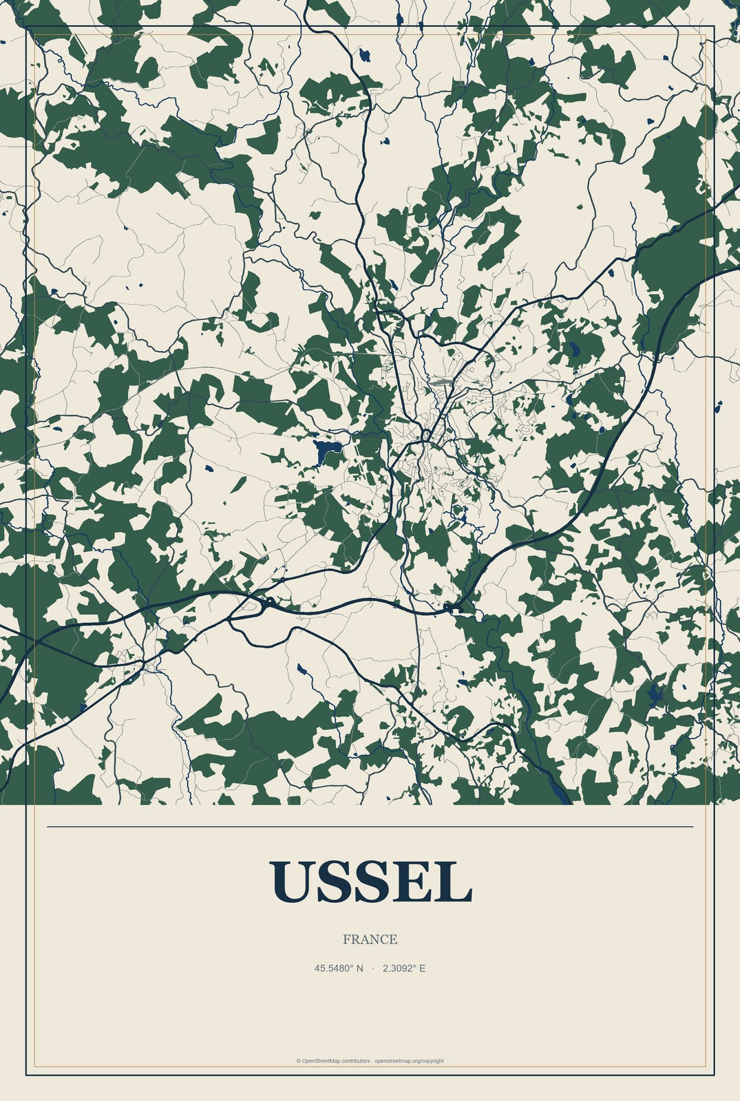 Ussel, France City Map Aluminum Sign in Coastal Cutout style