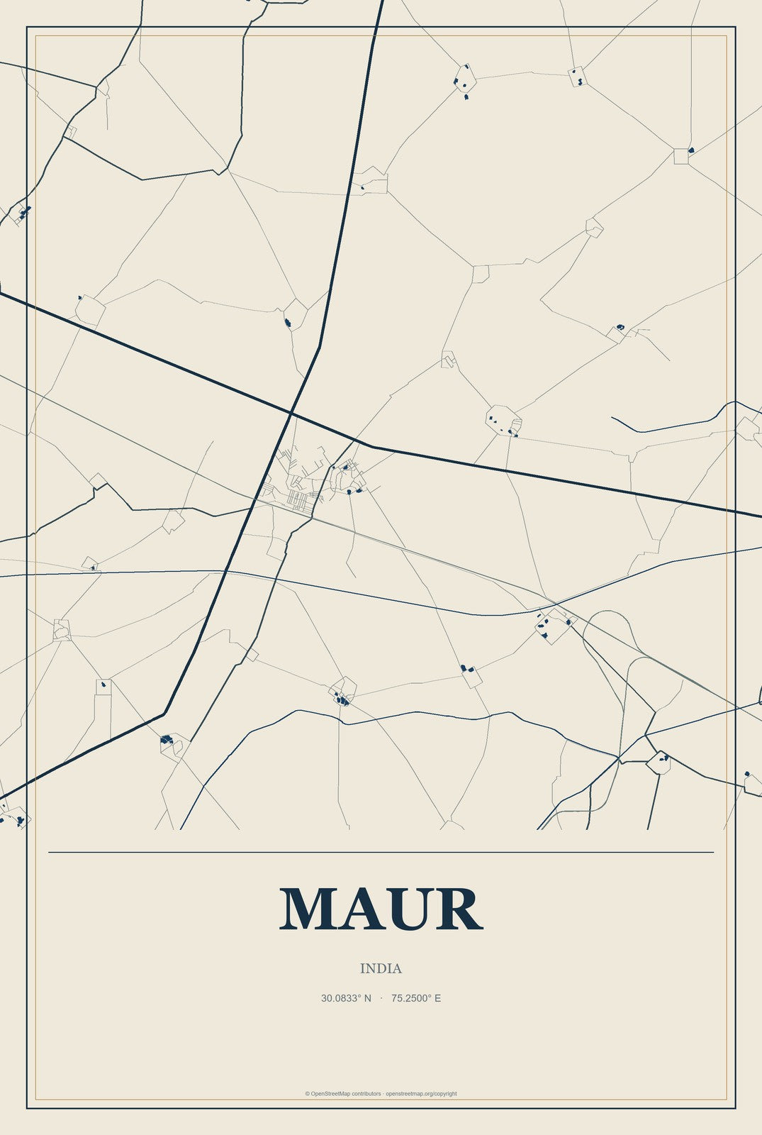 Maur, India City Map Aluminum Sign in Coastal Cutout style
