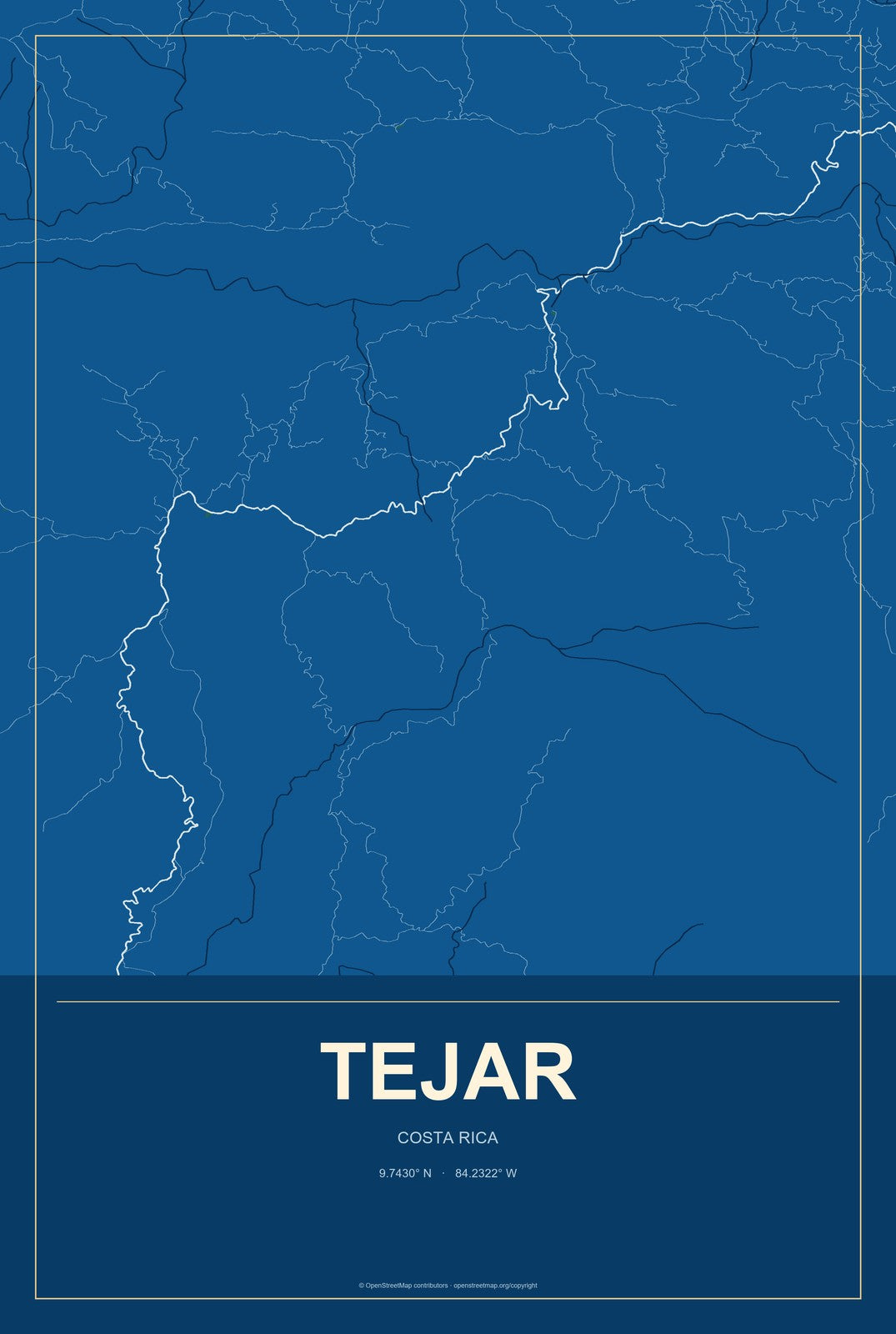 Tejar, Costa Rica City Map Aluminum Sign in Harbor Cobalt style