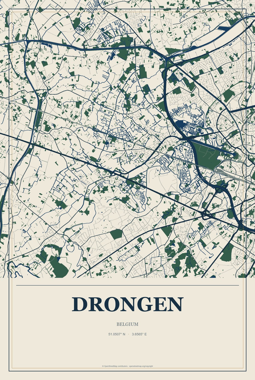 Drongen, Belgium City Map Aluminum Sign in Coastal Cutout style