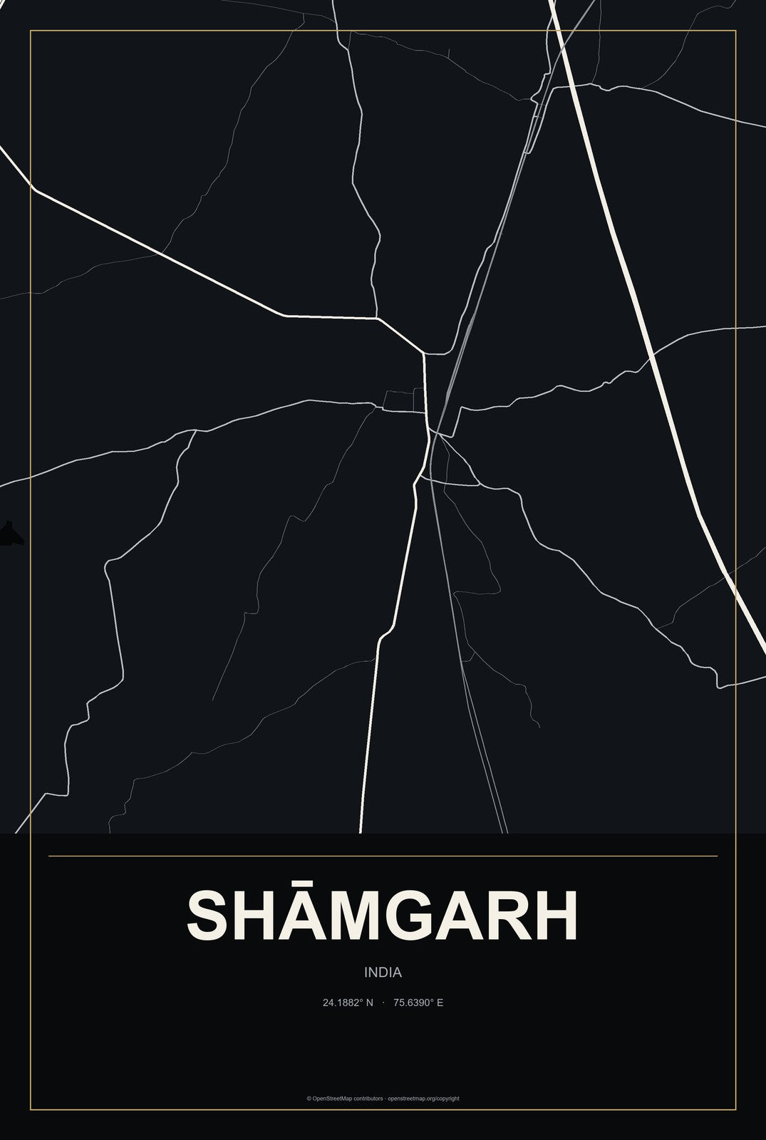 Shāmgarh, India City Map Aluminum Sign in Metropolitan Noir style