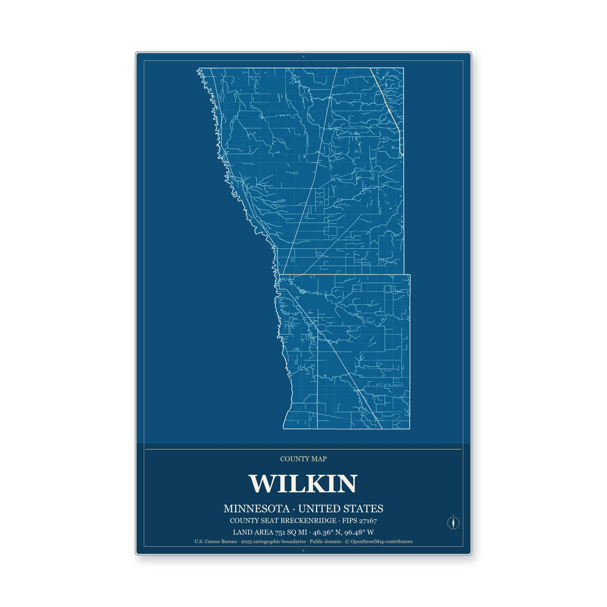 Wilkin County, Minnesota Map Aluminum Sign in Harbor Cobalt style