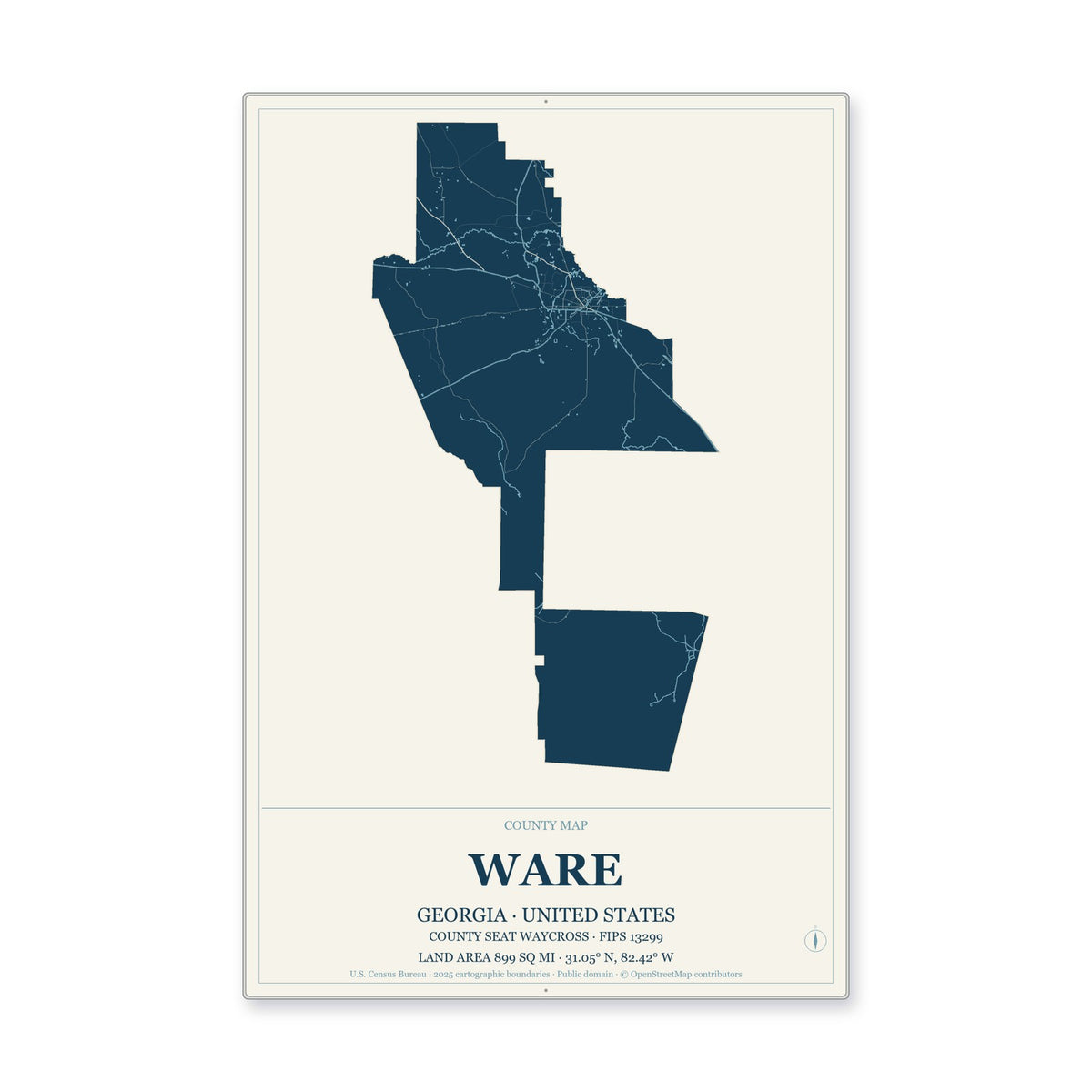 Ware County, Georgia Map Aluminum Sign in Coastal Cutout style