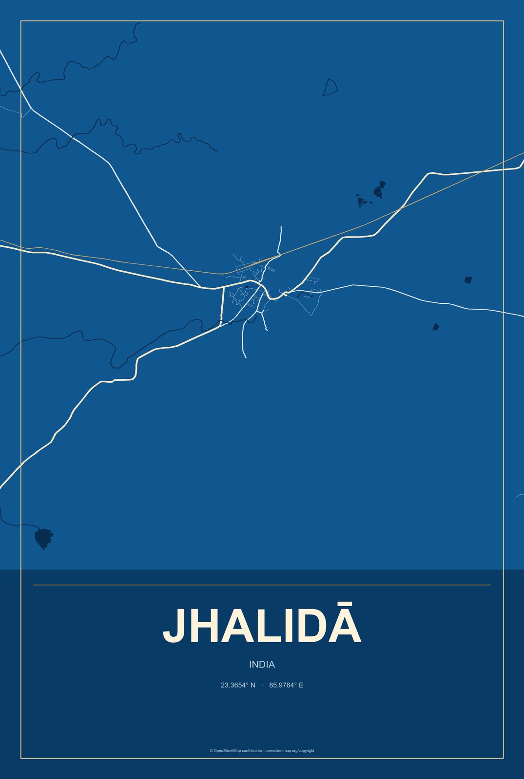 Jhalidā, India City Map Aluminum Sign in Harbor Cobalt style